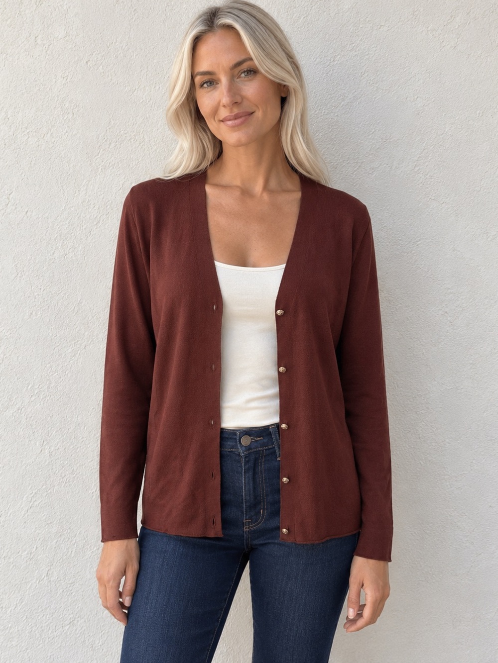 Zara Rust Brown Silk Blend Fine Knit V-Neck Gold Button Cardigan Sweater